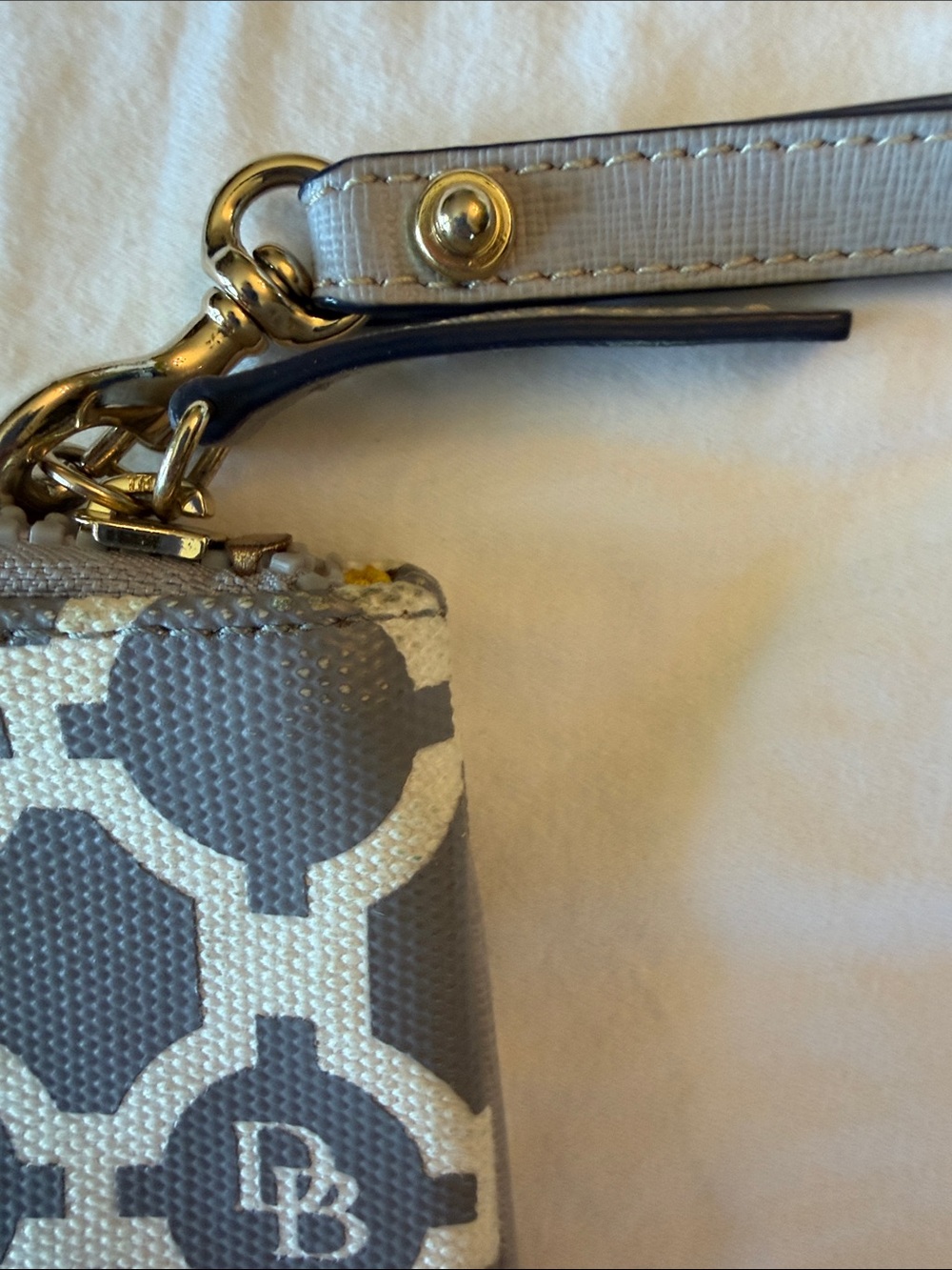 Dooney & Bourke Gray and Cream Logo Wristlet Key Pouch with Gold Hardware - Picture 5 of 12